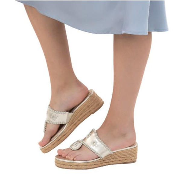 JACK ROGERS JACKS Jute Wrapped MID WEDGE Gold Leather Thong Sandals Sz 9 - Picture 14 of 15